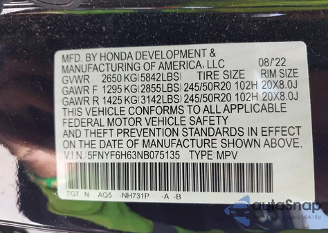 2022 Honda Pilot Touring z USA, uszkodzony, nr VIN 5FNYF6H63NB075135